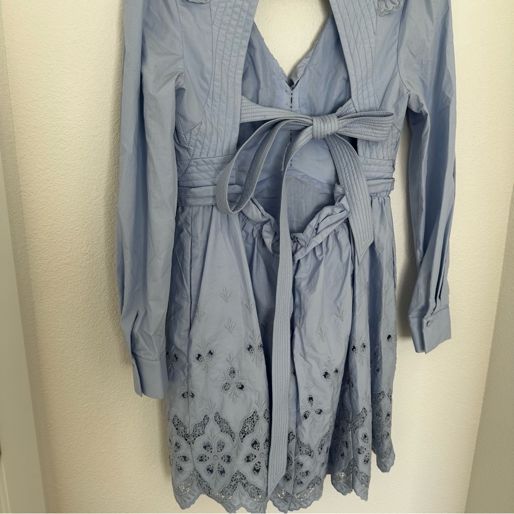 Self-Portrait Cotton Broderie Mini Dress Light Blue Open Back Size 6 Women’s - Picture 12 of 14